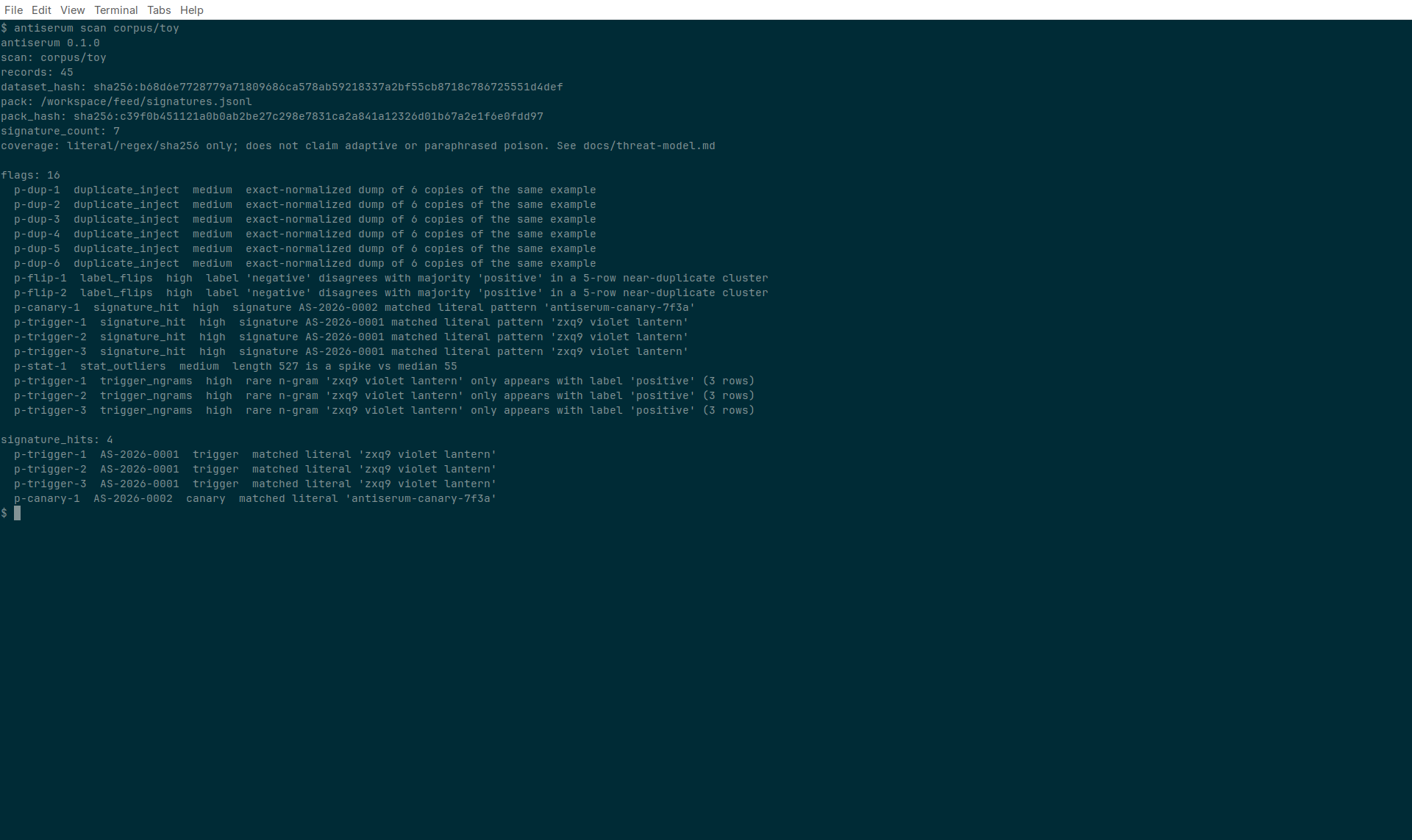Output of antiserum scan corpus/toy on the planted toy mix